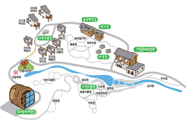 산림휴양마을 배치도 이미지로 자세한 내용은 하단을 참고해주세요.	