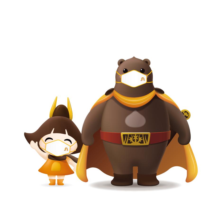 마스크를 착용한 고마곰과 공주 이미지